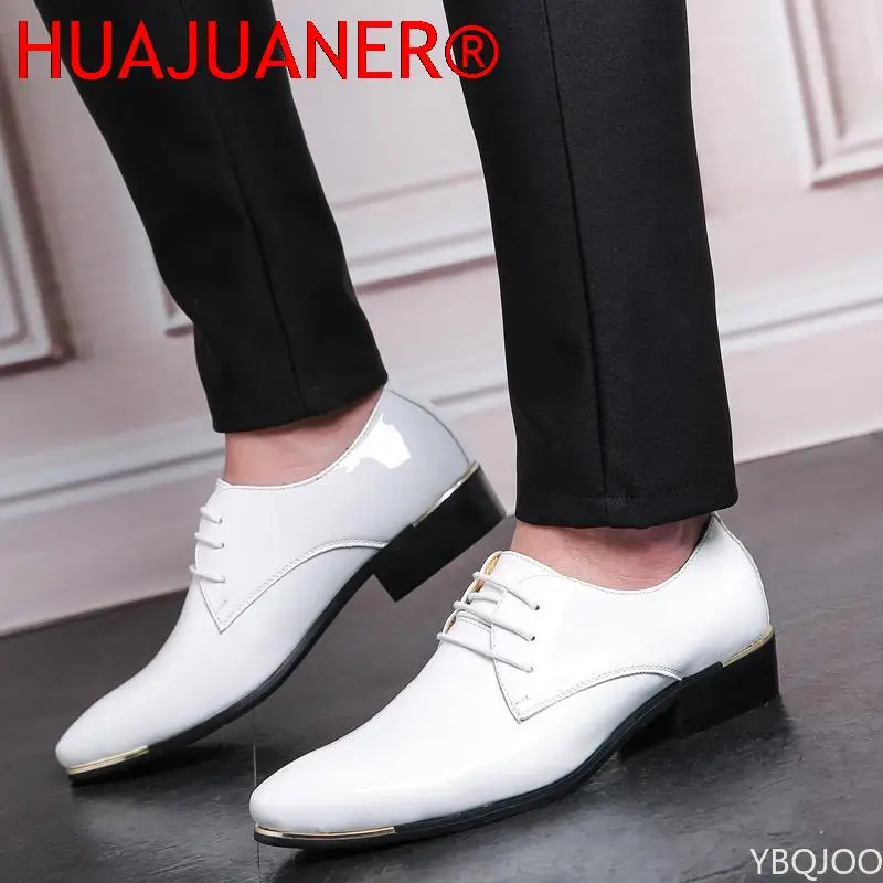 Men's Patent Leather Shoes White Wedding Shoes Size 38-48 Black Leather Soft Man Dress mens brogue shoes