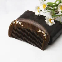 Peigne à cheveux en bois de santal naturel, brosse à cheveux de massage de santé, branches dorées, fleur de prunier rose, peignes en bois épais, outil de coiffage, 1PC 2