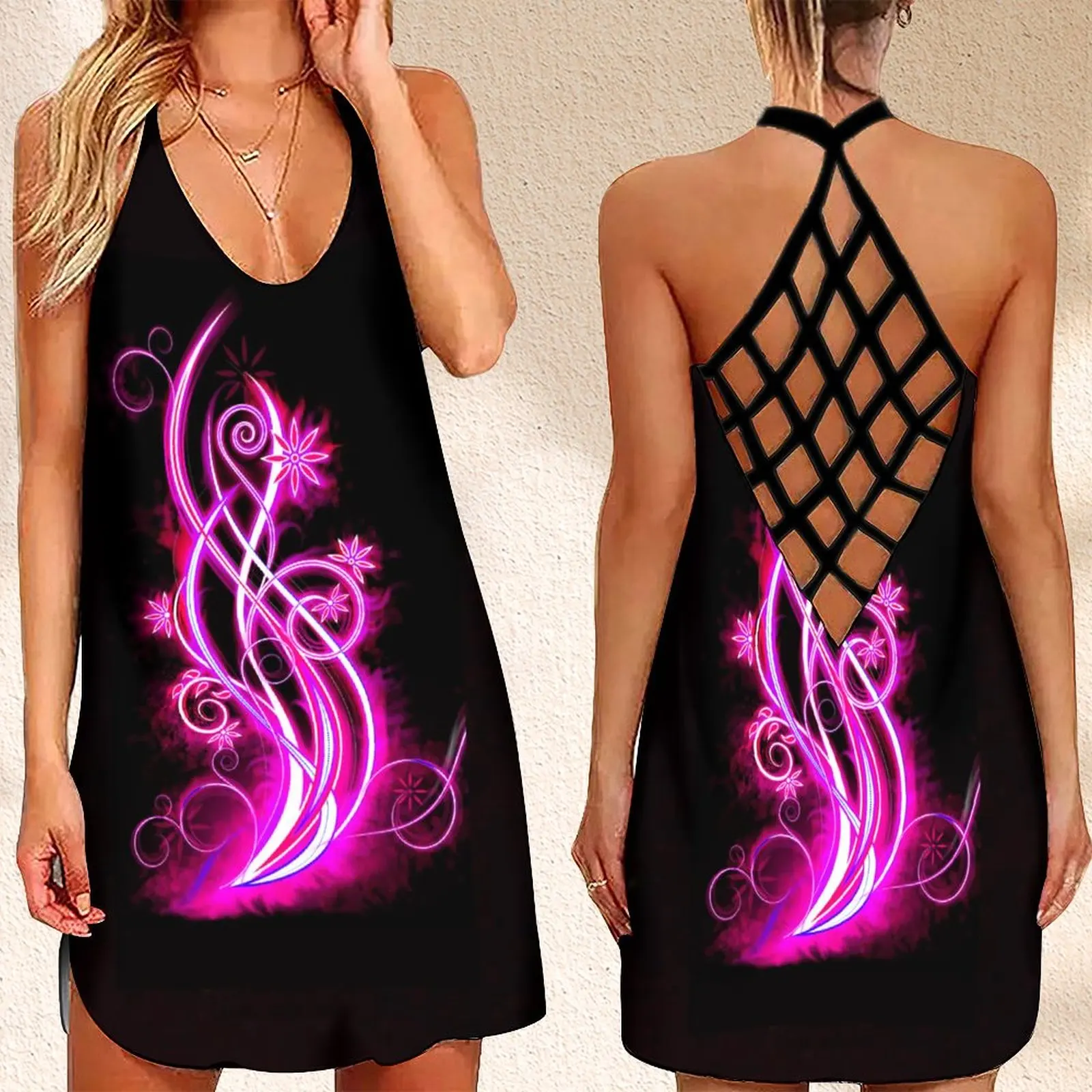 

Fashion Women's Criss Cross Backless Sleeveless Dress SummerGlow Leaves Print Evening Dress