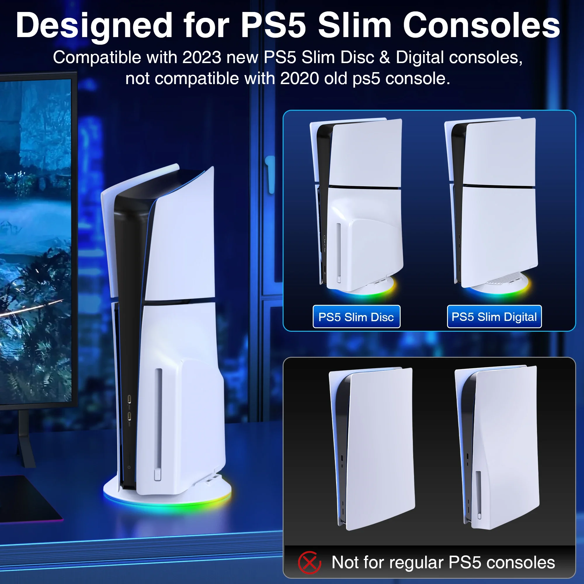 BEBONCOOL X1000 RGB PS5 슬림용 수직 냉각 스탠드(충전 케이블 포함) 공간 절약형 베이스