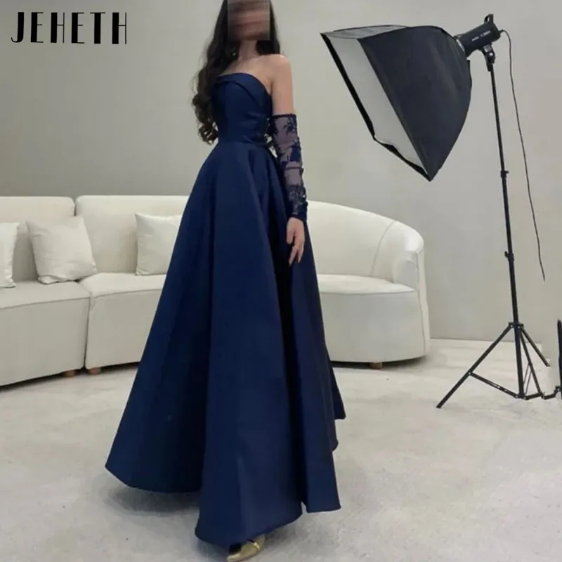 

Черное сексуальное платье JEHETH трапециевидного силуэта, атласное вечернее платье без бретелек с кружевными рукавами, до пола, очаровательные вечерние платья, бальное платье Черное сексуальное платье JEHETH трапециеви
