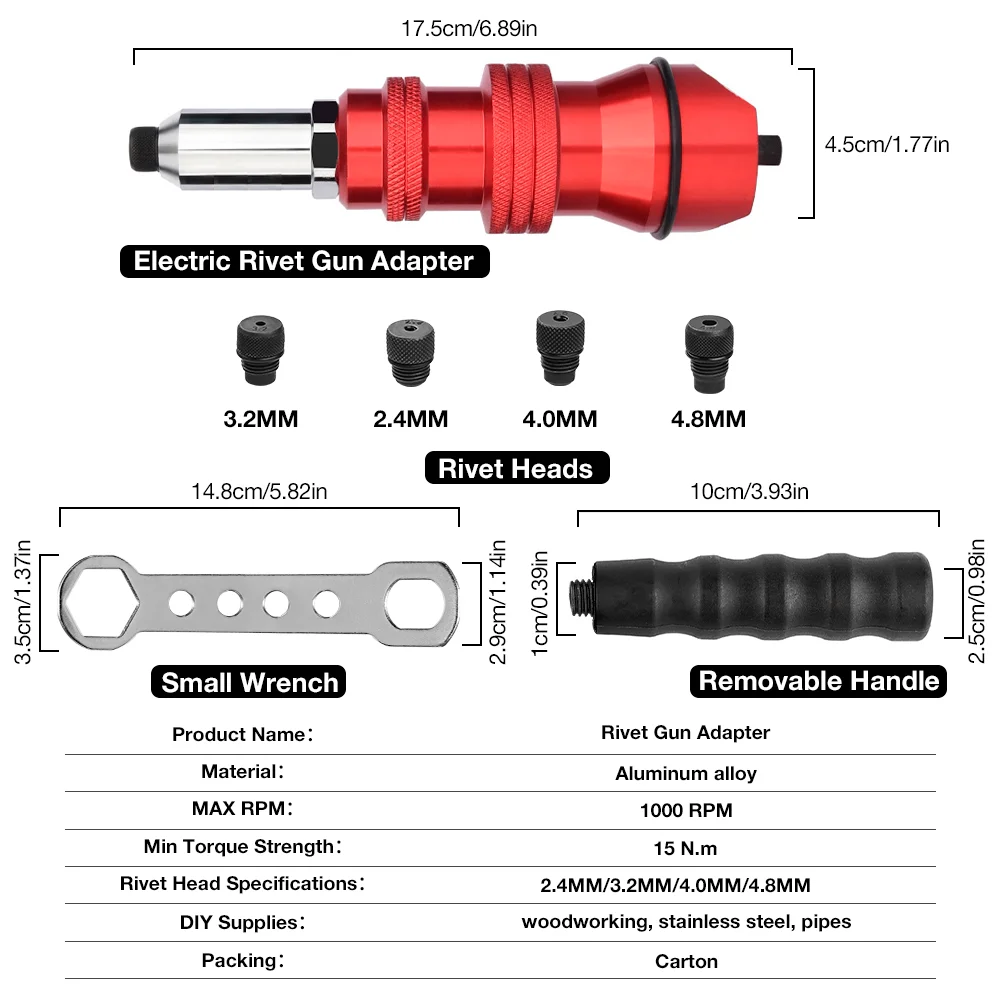 Electric Rivet Gun Adapter 2.4mm-3.2mm-4.0mm-4.8mm Home Core Blind Rivet Gun Aluminum Alloy Riveting Tools Cordless Gun