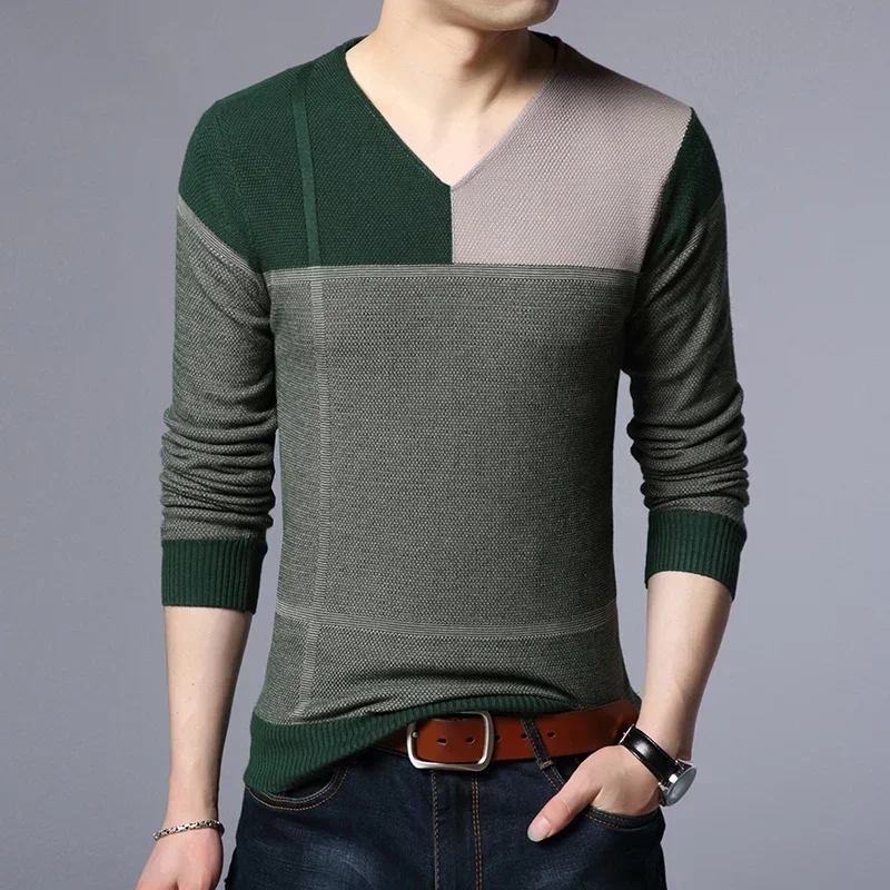 

Men's Clothing Smooth Pullovers Knit Sweater Male Wool Green Spliced V Neck Casual Elegant Jumpers Warm Large Big Size Knitwears