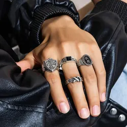 Set of 4 Retro Gothic Pattern Stainless Steel Adjustable Wide Rings for Men - Casual Style Jewelry (Silver Color 2)