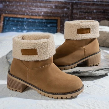 2025 شتاء جديد حار بيع جولة تو مريحة منتصف الساق الأحذية النسائية المألوف وأنيق مأدبة عالية الكعب أحذية ثلج