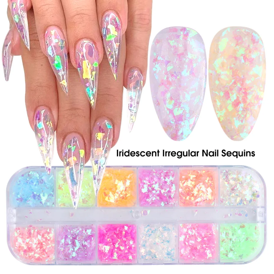 12 or 6 Grids 3D Flakes Fluorescent Nail Sequins Sparkly Paillette Nail Chunky Glitter Decorations Chameleon Accessory LASP nail glitter,nail decoration,nail decorations,nail flakes