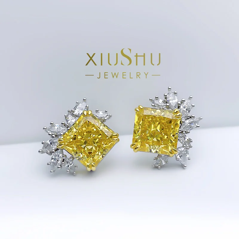 Xiushu Gaoding Jewelry Orecchini Con Diamanti Gialli Da 5 Carati Esplosione Flash Importato Argento Ad Alto Tenore Di Carbonio Anti Allergico Seiko E