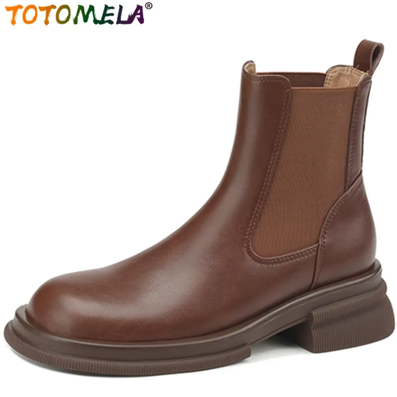 

TOTOMELA 2023 New Retro Winter Ankle Boots Thick Med Heels Dress Platform Shoes Chelsea Genuine Leather Women Boots