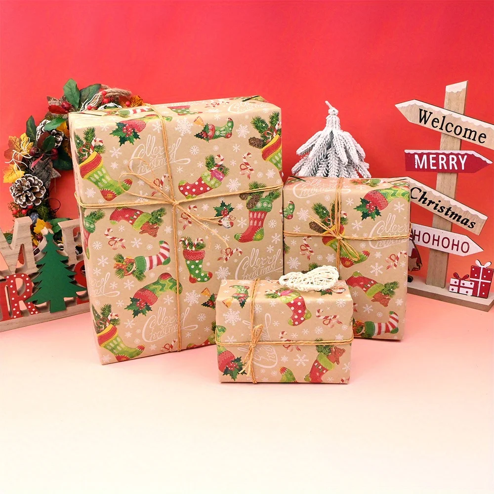 1 롤 크리스마스 포장지 선물 포장지-17인치 x 9.8피트 크래프트 종이, 크리스마스, 파티용 눈 디자인의 왕관과 부츠