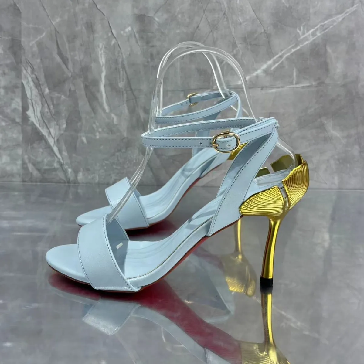 

European and American Fashion Bright Colored Irregular Heels with Thin Straps, Women's High Heels, Sandals, Metal Heels