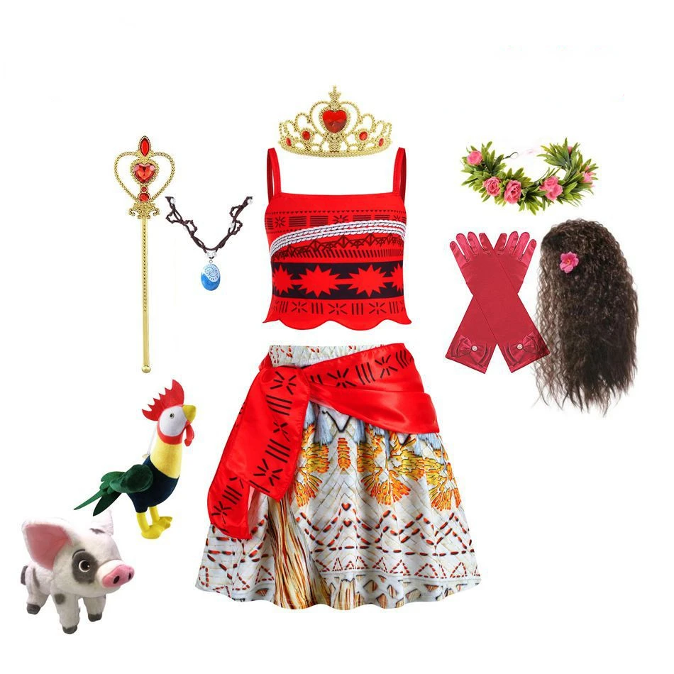 

Moana Dress Kids Cosplay Girls Clothes Princess Dress Children Birthday Party Costume with Necklace Pet Pig Chick Sets