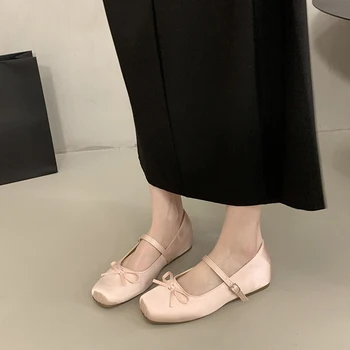 Spring Autumn Women Satin Bow Mary Jane Ballet Flats Square Toe Ankle Strap Non-Slip Sole Daily Office Casual Walking Shoes 1