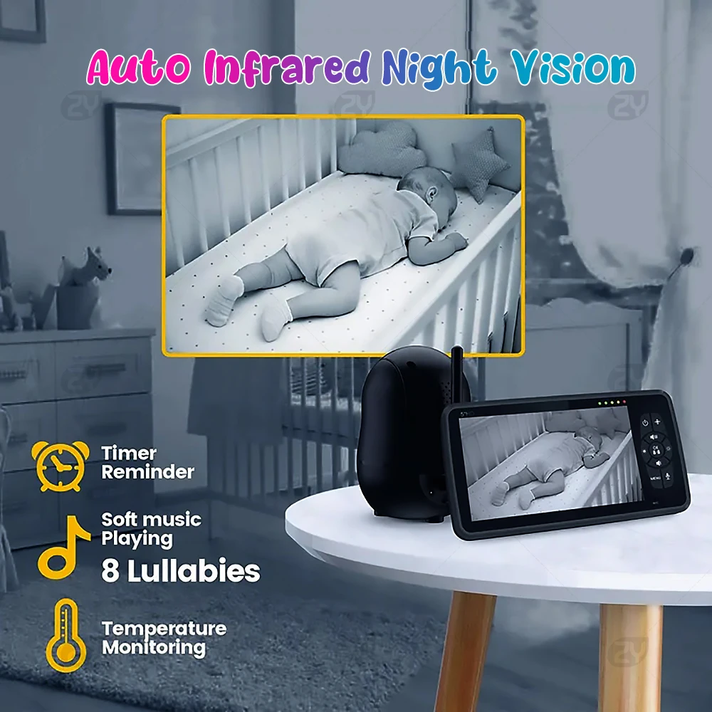 Monitor de bebê de vídeo de 5'' com 2 câmeras, pan-tilt, zoom 4x, áudio de 2 vias, bateria de 22 horas, visão noturna automática, detecção de sons de movimento, VOX, 1000 pés de longo alcance sem wifi, temperatura