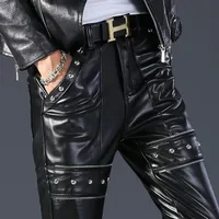 Trendy Black Motorcycle Leather Pants for Men Youthful Slim Fit Korean Style Long Trousers Fashionable Biker Leggings