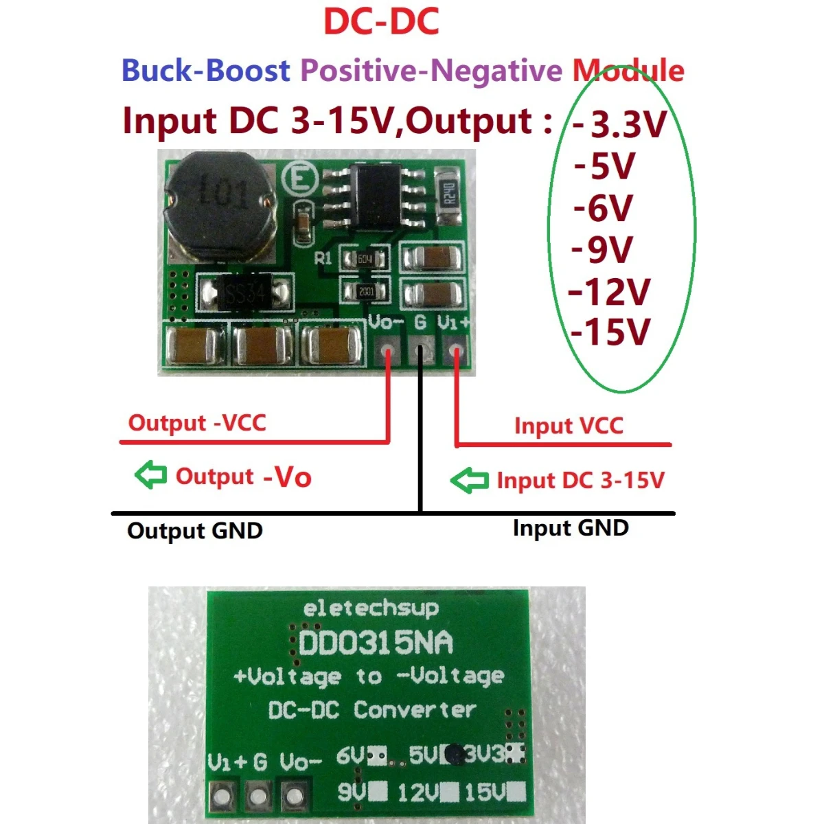 

200-500mA +/- Voltage Converter Positive to Negative power supply DC-DC Boost-Buck Module +3~+15V to -3.3v -5V -6V -9V -12V-15V