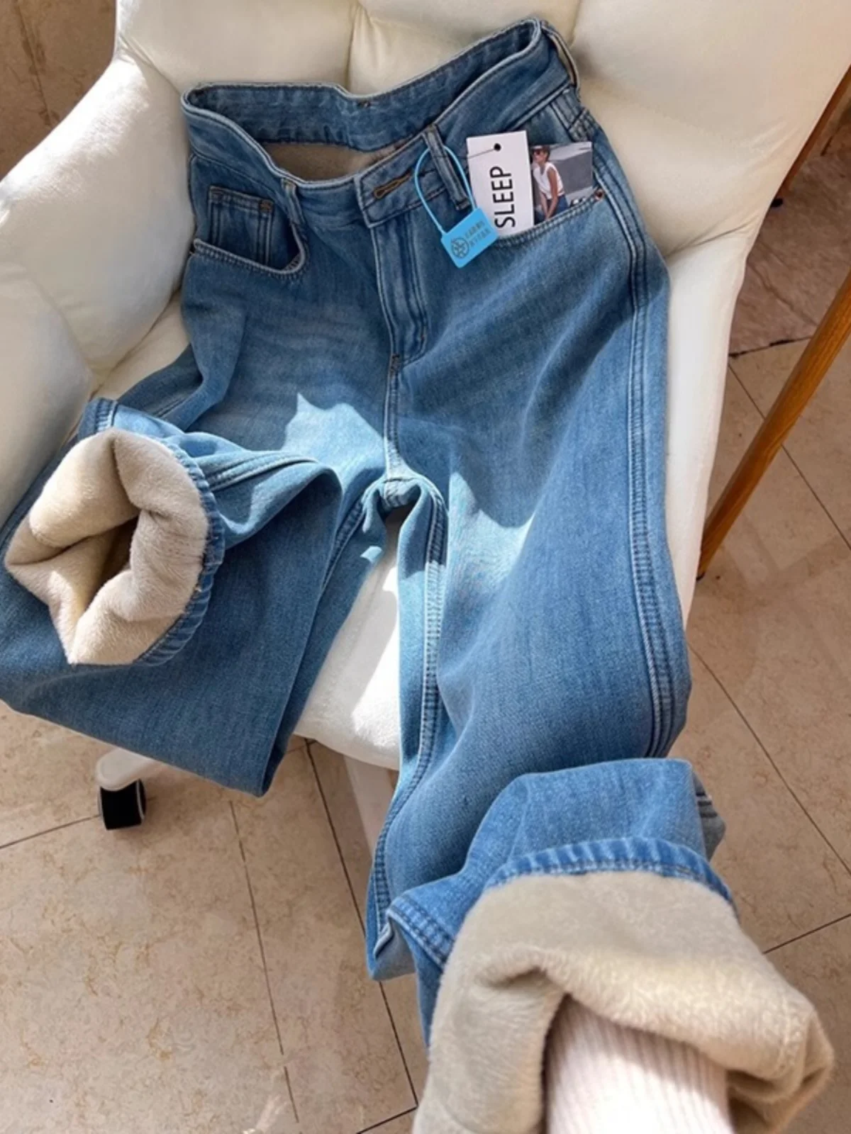 High Waist Fce Lined Thi Straight Leg Jeans Women's Autumn New Sle Loose Slim Wide Leg Pants Floor Length Trousers