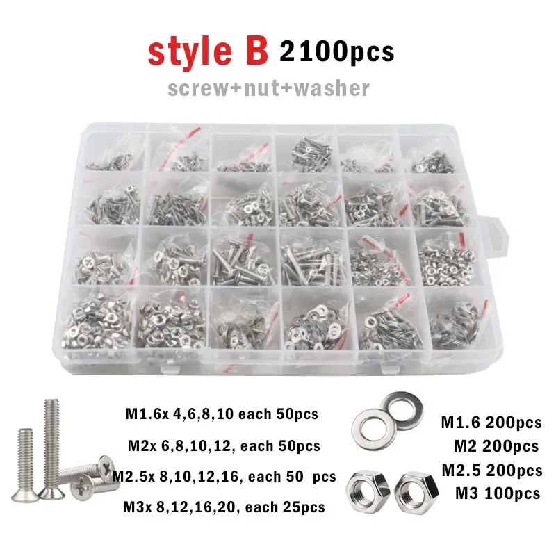 304 스테인리스 스틸 볼트 크로스 필립스 플랫 카운터 싱크 헤드 나사 너트 와셔 세트 키트 박스, M1.6 M2 M2.5 M3 M4 M5, 2100-250 개