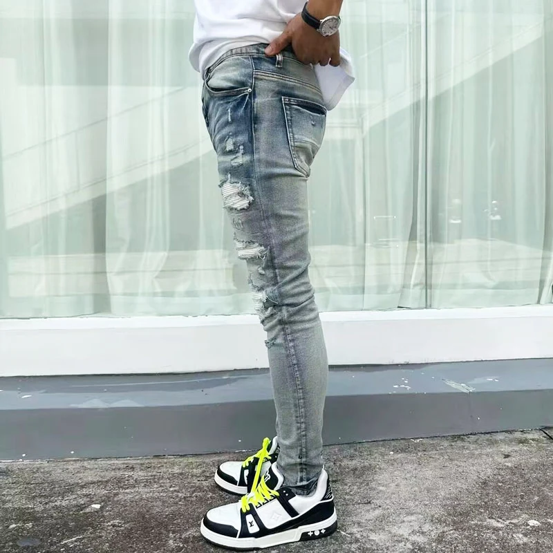 Fashion Streetwear Men Jeans Retro Blue Stretch Skinny Fit Ripped Jeans Men Hole Leather Patched Designer Hip Hop Brand Pants