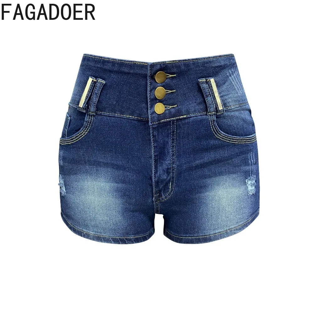 FAGADOER Dark Blue Summer New Elasticity Skinny Denim Shorts Women High Waisted Button Pocket Slim Jean Female Cowboy Bottoms