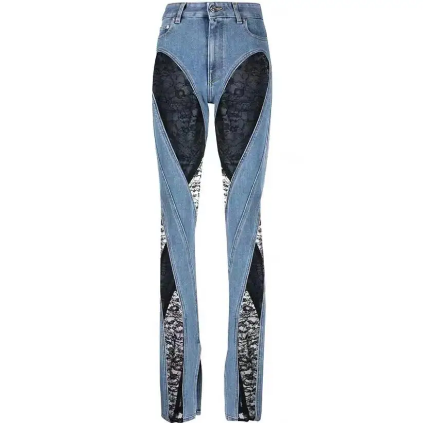 

Panelled Lace Women's Jeans Blue Slim Deconstruct Patchwork High Waist Long Denim Pants Female 2023 Streetwear Sheath Pant w711