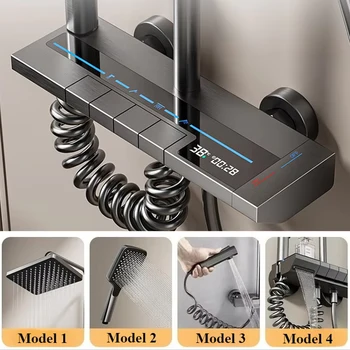 ระบบก๊อกน้ำฝักบัวห้องน้ำคีย์เปียโน 4 ทางชุดฝักบัวหรูหราไฟ LED จอแสดงอุณหภูมิอัจฉริยะฝนตก 2