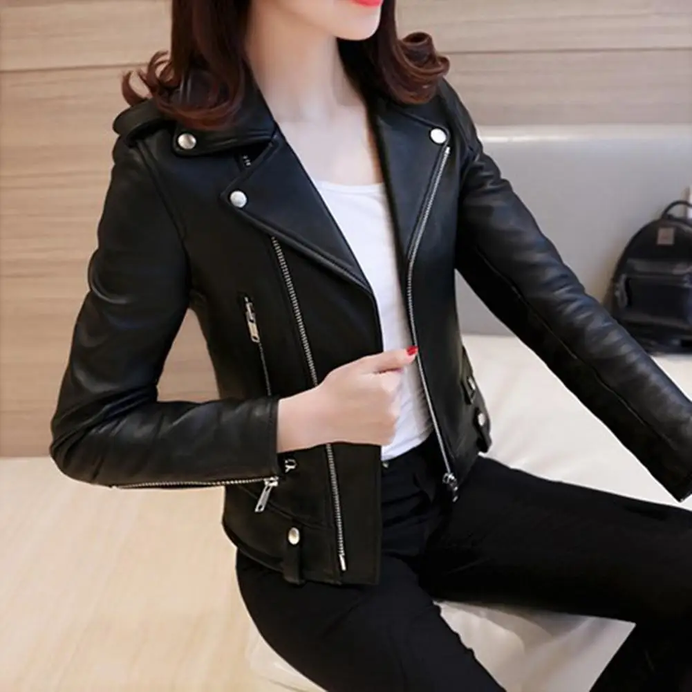 Women Coat Faux Leather Slim Fit Solid Color Turn-down Collar Zipper Rivet Decor Smooth Cardigan Long Sleeve Lady Motor Jacket