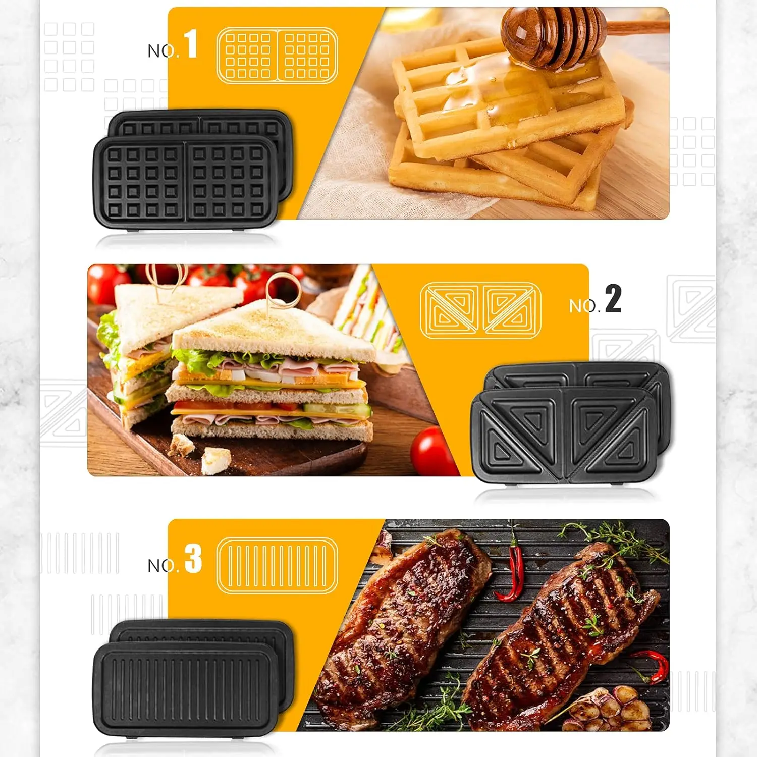 Makers, 3-in-1 Waffle Iron Panini Press Sandwich Maker with Removable Plates, 5-gears Temperature Control Non Stick Coati 2