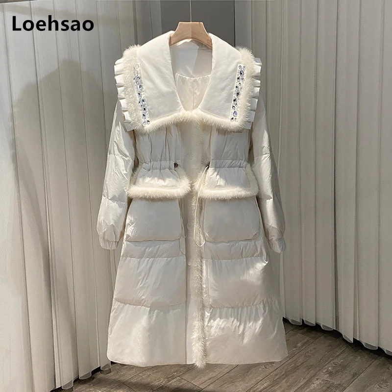 

Loehsao Brand Women Jacket Black White Mink Hair 90% white Goose Down casual Long Parkas Waterproof Fashion Female Winter Coat