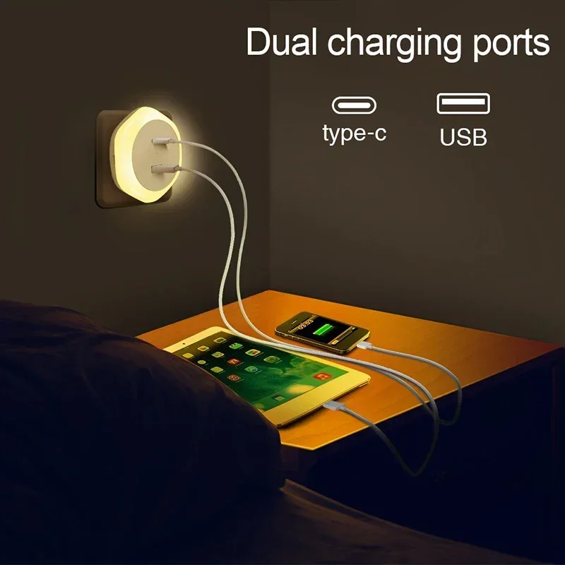 USB Plug Night Lamp EU Type-C Charger Port Auto Light Sensor Dimmable Warm White  Bedroom Hallway Stairs LED Bedside Lights