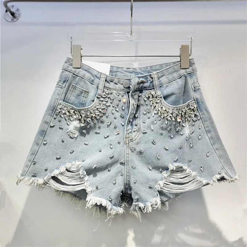 New Hole Denim Shorts Female 2024 Summer High Waist Slim Fit Heavy Industry Diamond-encrusted Burr Wide-leg Jeans Hot Trousers