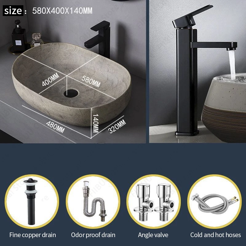Ceramic Table Sink Oval Bathroom Vessel Sink Bowl Above Counter Art Basin Lavatory Balcony Vanity Sink Countertop Washing Basin 6