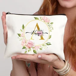 White Wash Bag with 26 Golden Initial Customized Name Bag Bath Organizer Pouch Women's Wallet Cosmetics Storage Wristlet Clutch
