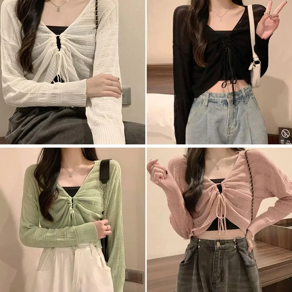 

Spring Autumn New Solid Color Slim Cardigan Woman Sweet Out Green Cardigan Ladies Women Knitted White Cardigan Black Hollow B7y5