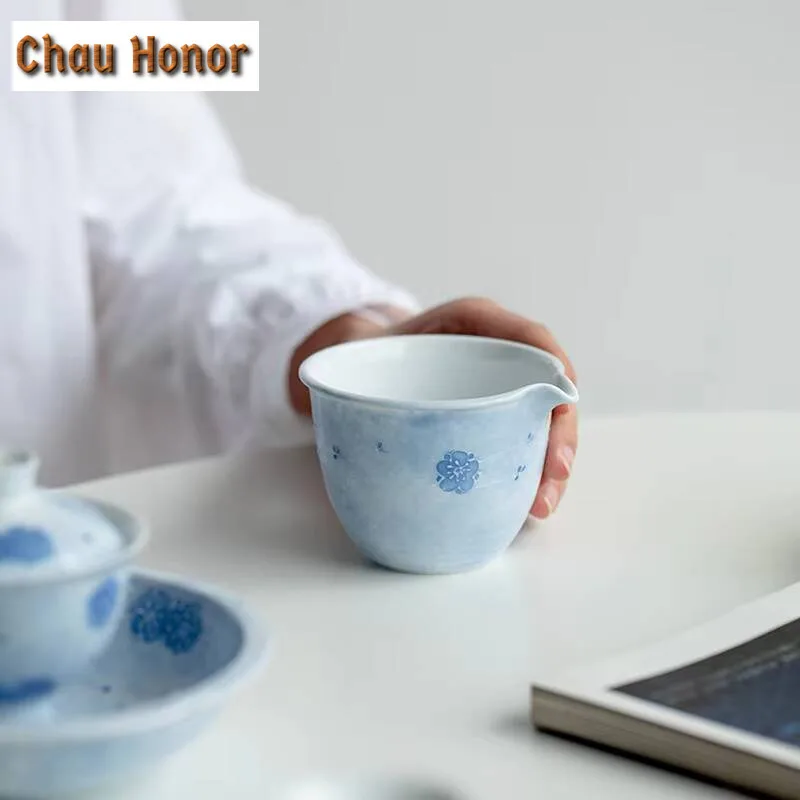 Pure Hand-painted Cherry Blossom Fog Blue Ceramic Fair Cup Household Tea Dispenser Single Chahai Fair Cup Kungfu Tea Ceremony