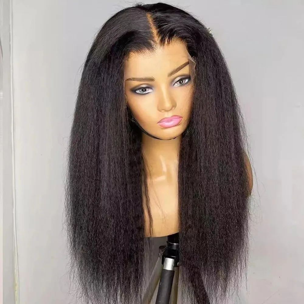 Yaki Kinky Straight Natural Black 13X4 Transparent Lace Frontal Synthetic Wig for Women
