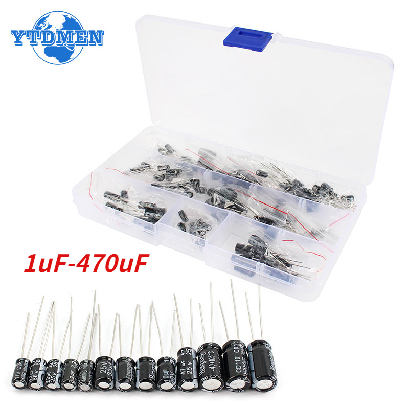 120pcs 12 Values Electrolytic Capacitor 16V 25V 50V Aluminum Electrolytic Capacitor Kit 1uF-470uF DIP Electrolyte Capacitors