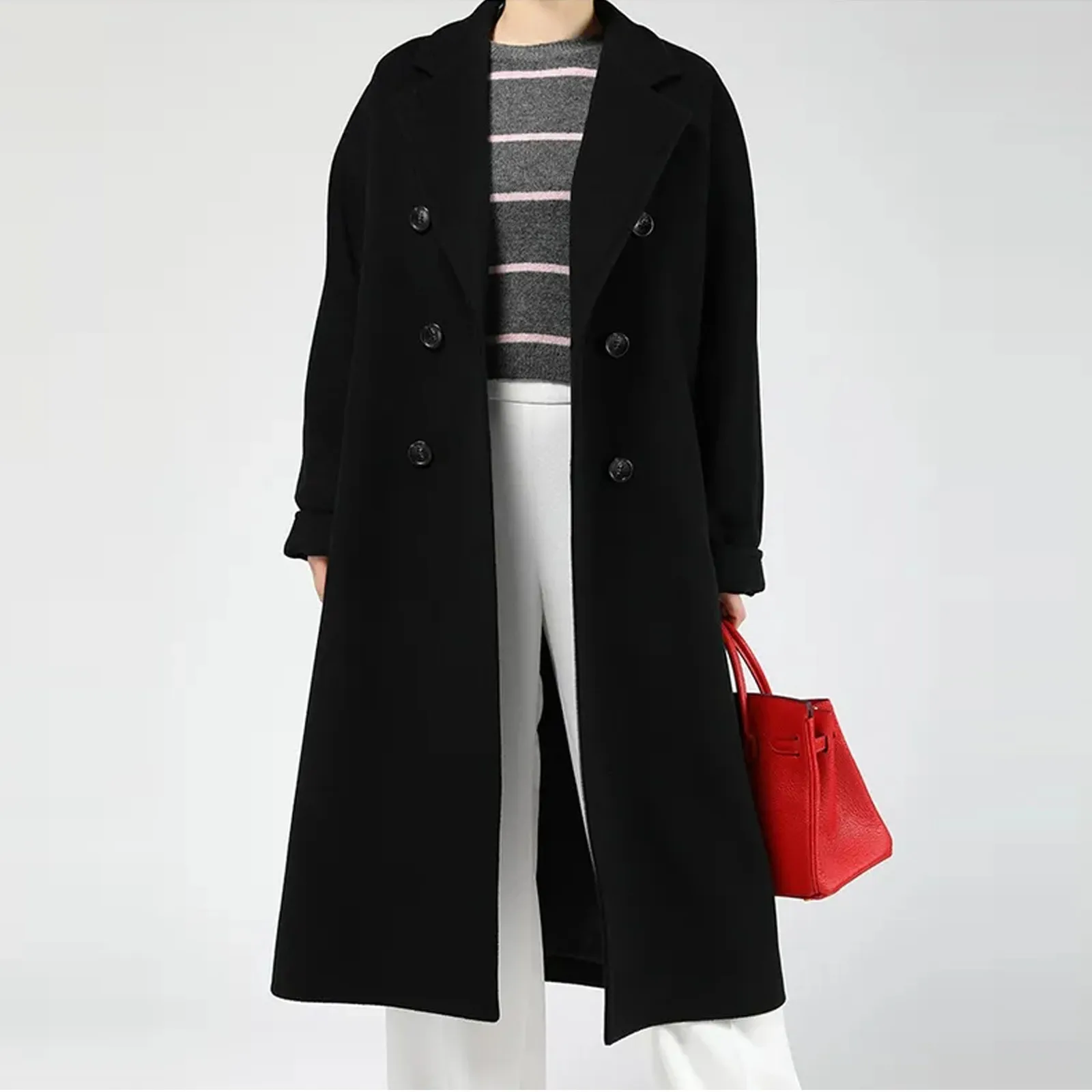 

Women'S Fashion Solid Color Woolen Coat Double-Breasted Mid-Length Woolen Coat Coat Comfortable Soft And Warm Coat Abrigo Mujer