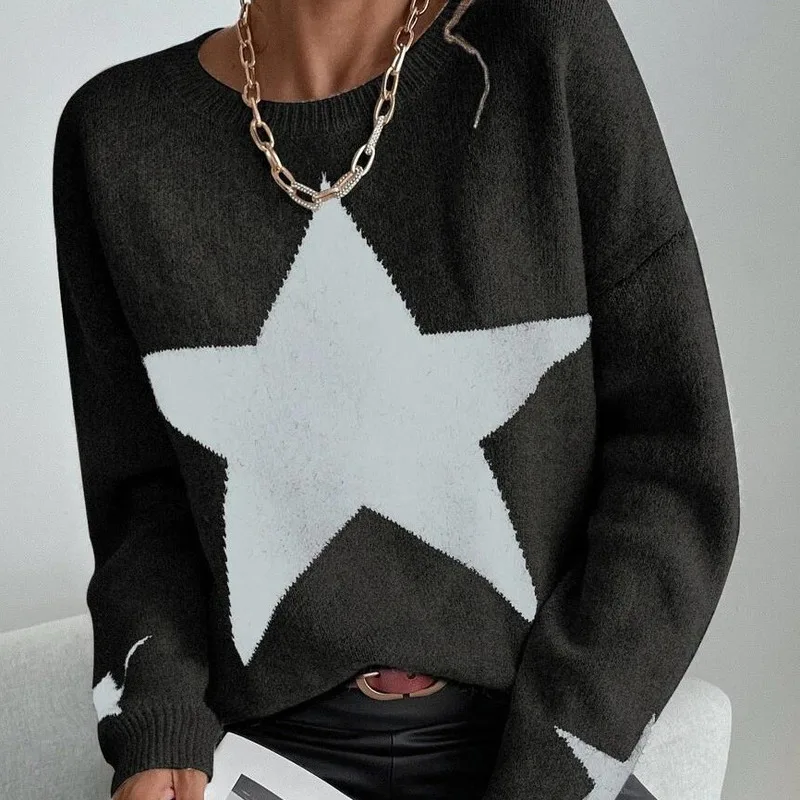 

2024 Early Autumn New Knitted Women's Sweater Loose Casual Round Neck Five-star Jacquard Pullover Knitted Sweater ElegantSweater