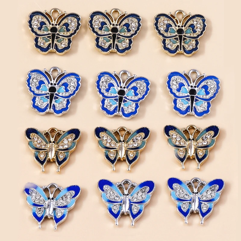 Leslie 10 Stück modische Legierungsanhänger mit exquisitem Kristall und blauem Schmetterling für Ohrringe, Halsketten, Armbänder, DIY-Schmuck