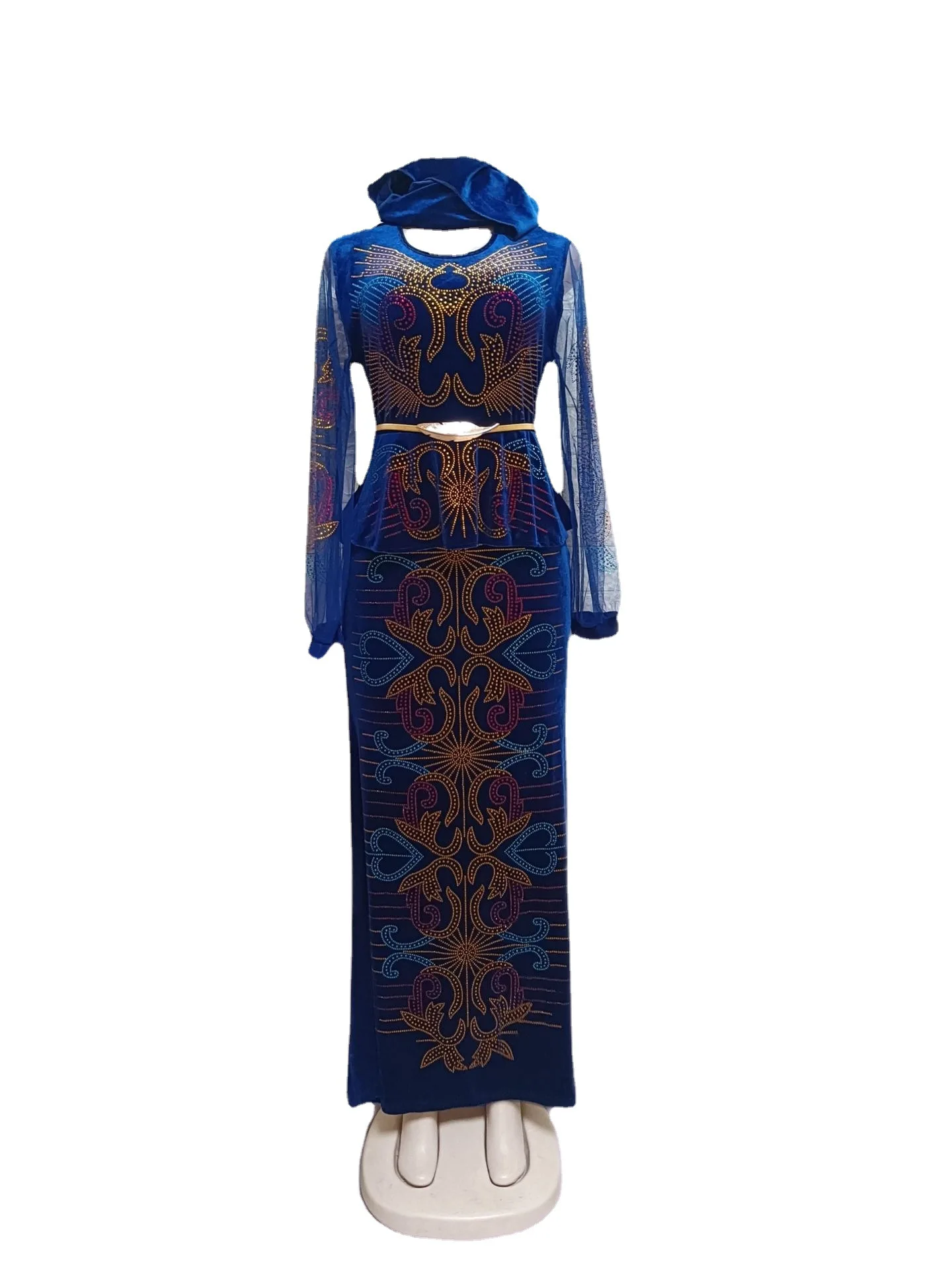 Velvet African Dresses for Women Summer Fashion Style African Women Long Sleeve O-neck Long Dress African Clothes with Headtie