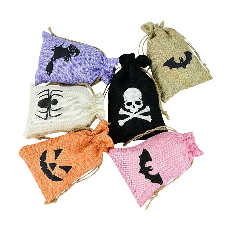 

10Pcs Pumkin Witch Skeleton Spider Bat Jute Burlap Gift Bags Drawstring Candy Pouches For Halloween Decoration Party Supplies