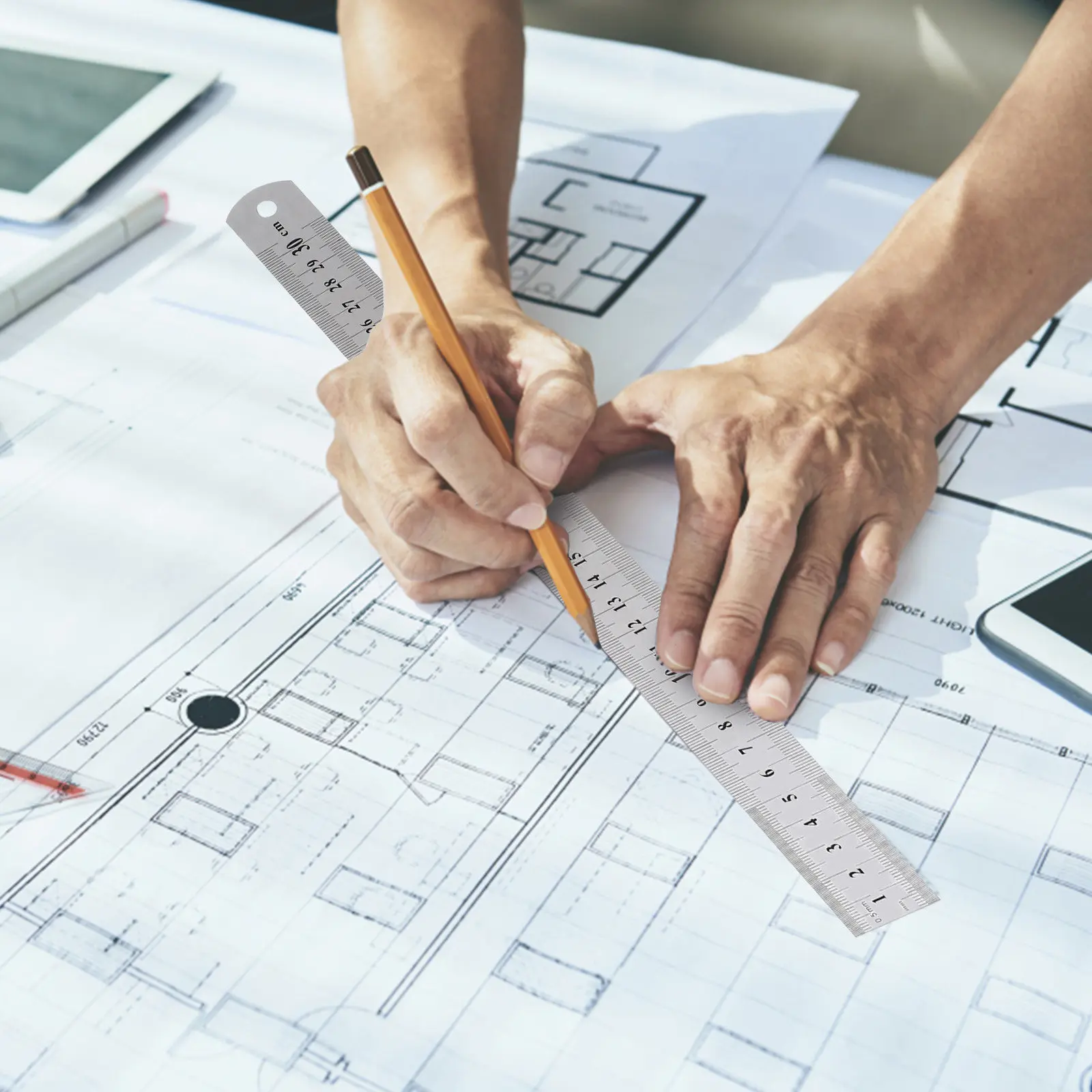 4Pcs 측정 눈금자 스테인레스 스틸 양면 스케일 15 20 30 40Cm 엔지니어 건축가를 위한 전문 금속 눈금자 세트