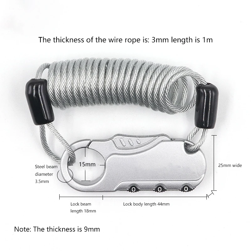 Mini Bike Lock Fold Backpack Cycling Helmet Cable Lock 3 Digit Combination Anti-theft Motorcycle
