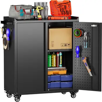 34.3 inch Lockable Metal Garage Storage Cabinet on Wheels — Black, 2‑Door Mobile Organizer 1