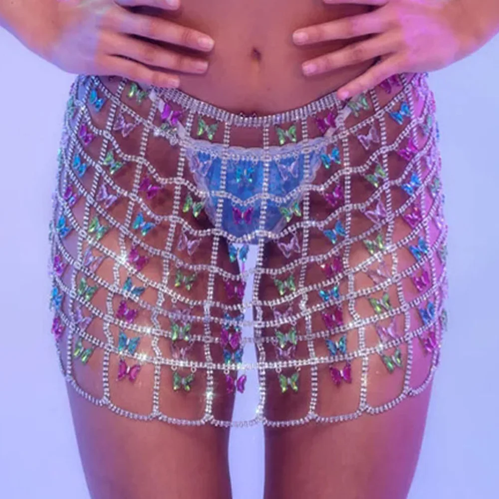 

Luxury Rhinestone Sexy Sheer Butterfly Skirt For Women Festival Fashion Hollow Out Sequin Shiny Crystal Night Club Mini Skirts