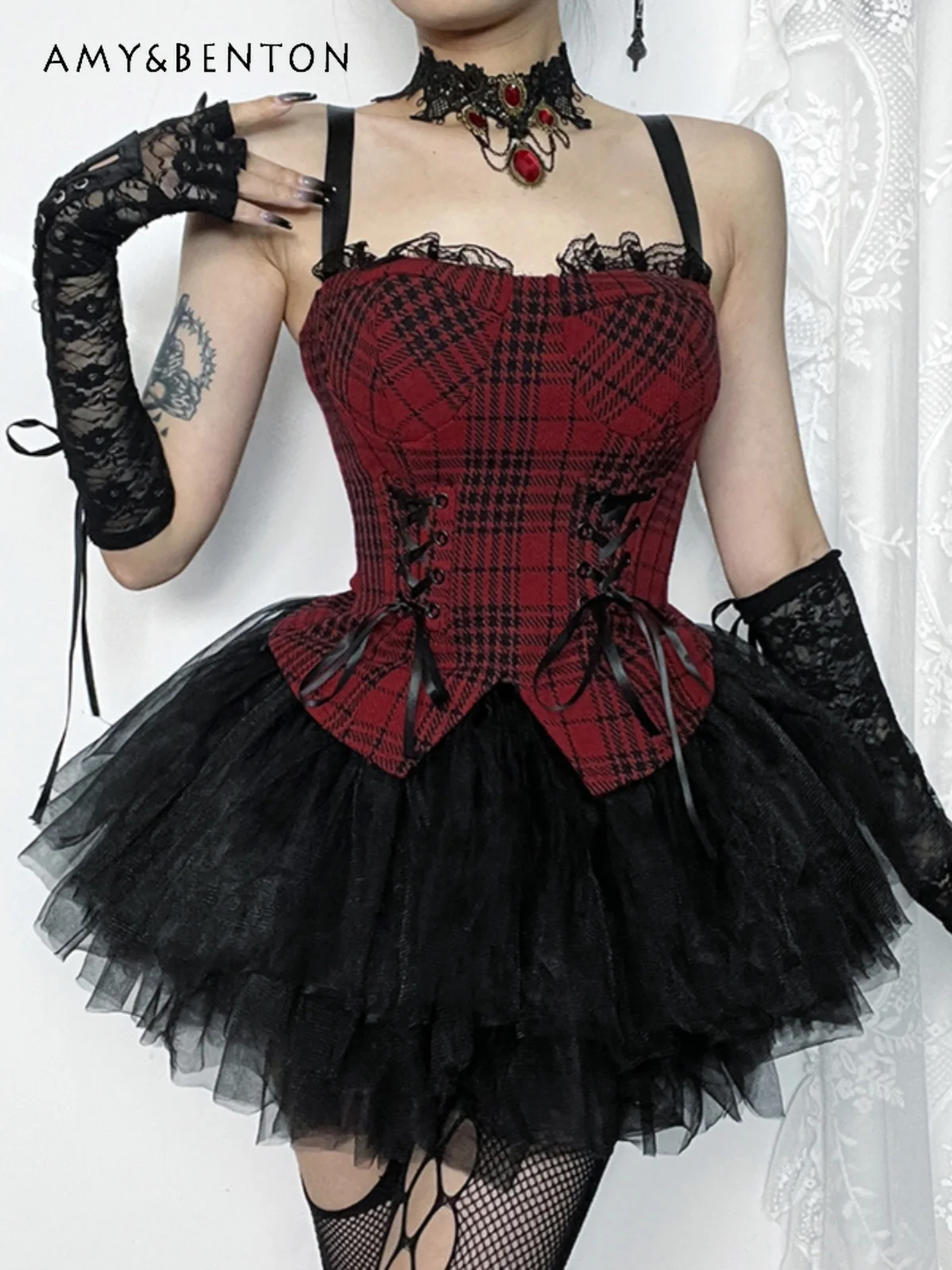 

Женский костюм из двух предметов Subculture, готический костюм с кружевной асимметричной мини-юбкой на бретельках в стиле панк, летний костюм для продвижения песен