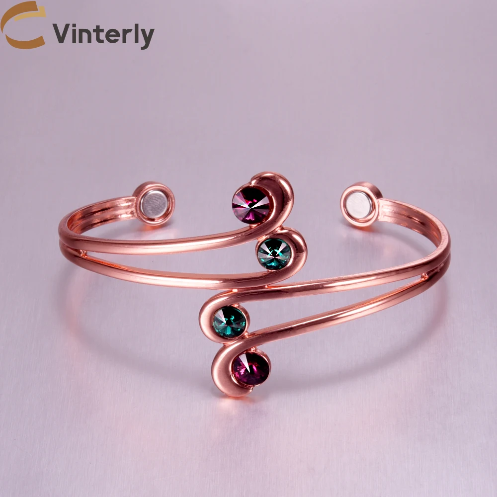 Pure Copper Bracelets Magnetic Therapy Irregular Zirconia Cuff Adjustable High Magnets Bangles Women