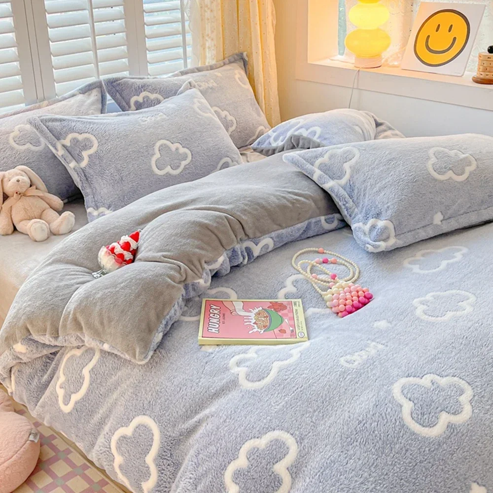 

Warm Soft Flannel Cartoon Duvet Cover Coral Fleece Winter Thick Single Double Queen King Size Quilt cover Sided Velvet Bedding