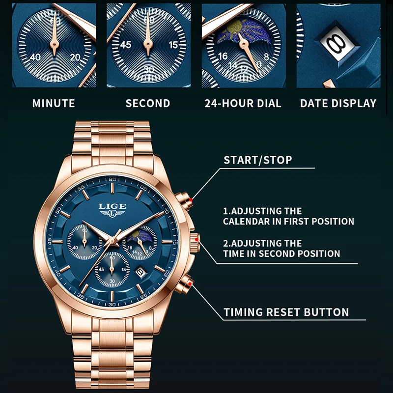 LIGE Sport Watch for Men Rose Gold Stainless Steel Waterproof Luminous Men's Watch Fashion 24 Hour Moon Phase Quartz Chronograph