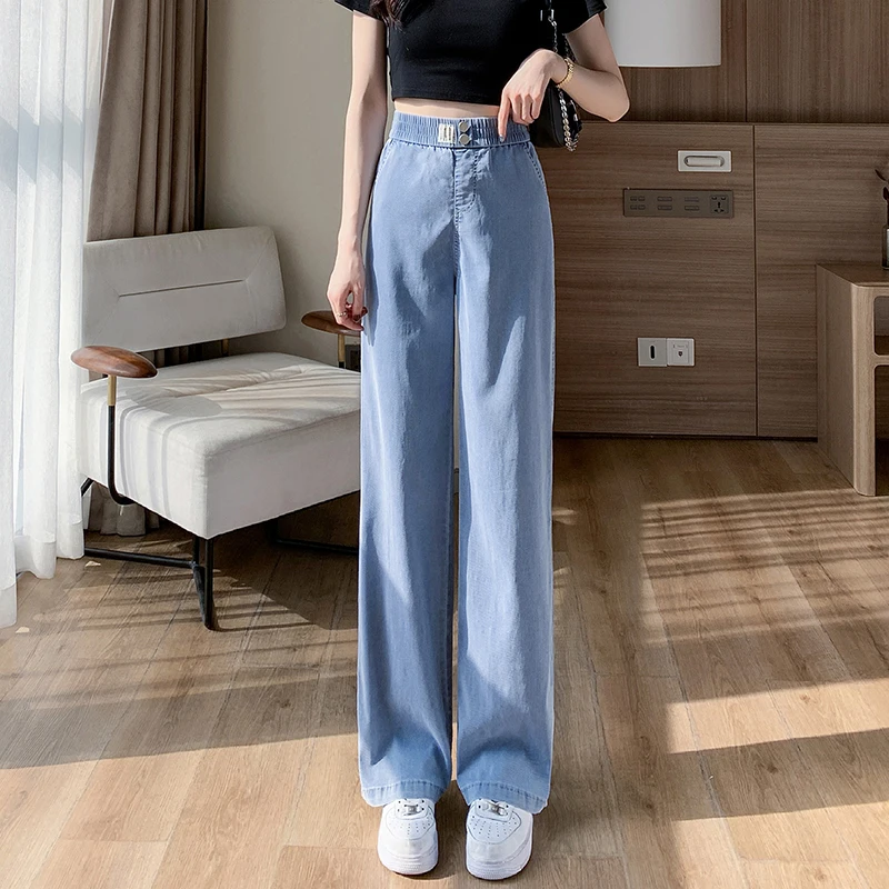 Spring Summer Thin Jeans Woman Casual Loose Wide Leg Pants Korean Fashion Ladies Elastic High Waist Straight Blue Trousers